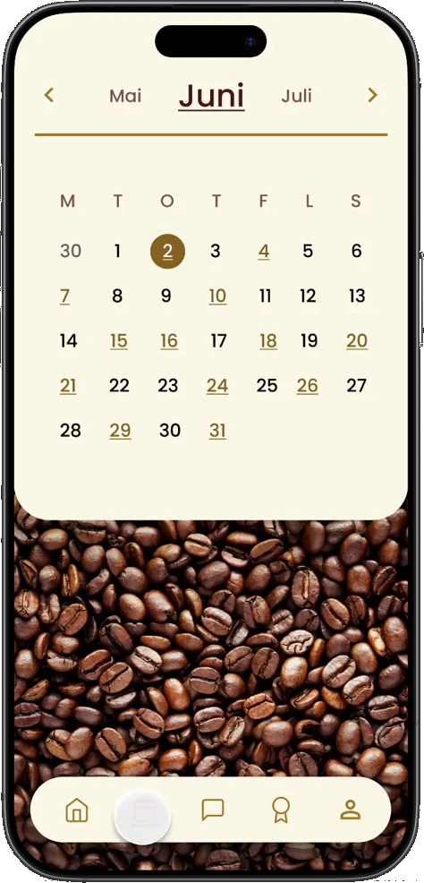 Mobilskjerm med månedskalender for vaktoversikt i Tjønnås & Norvald-appen